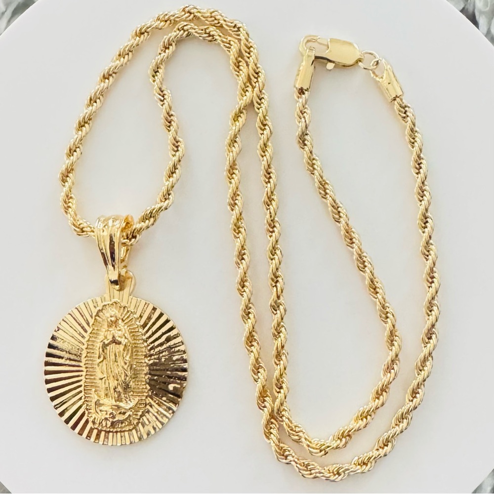 14K Gold Plated Guadalupe Pendant with 18” Necklace. New